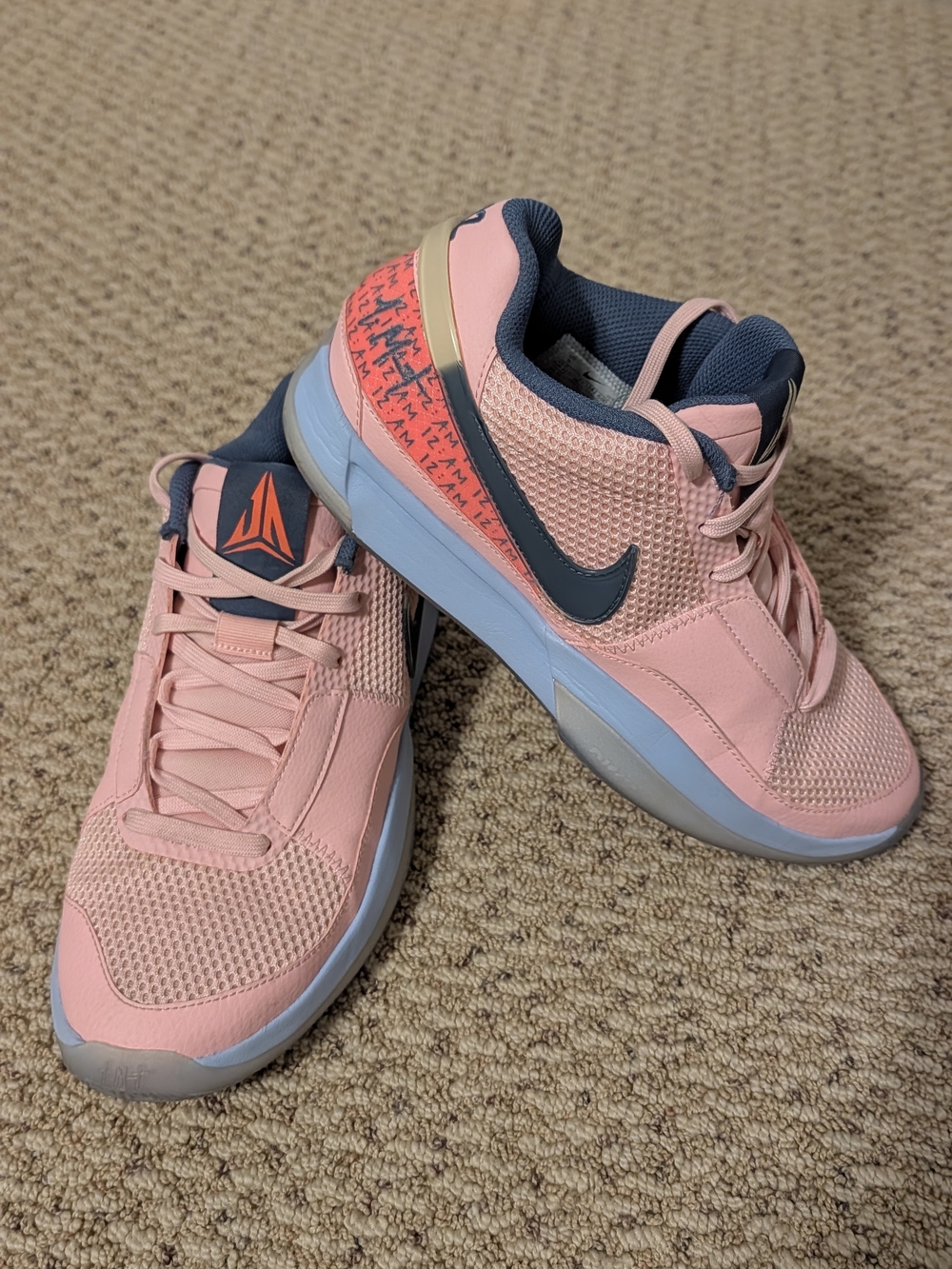 Nike Ja Morant Men's Pink and Blue Low-Top Sneakers with Coral Heel Accent